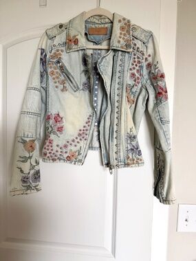 Blank NYC studded floral embroidered denim jacket